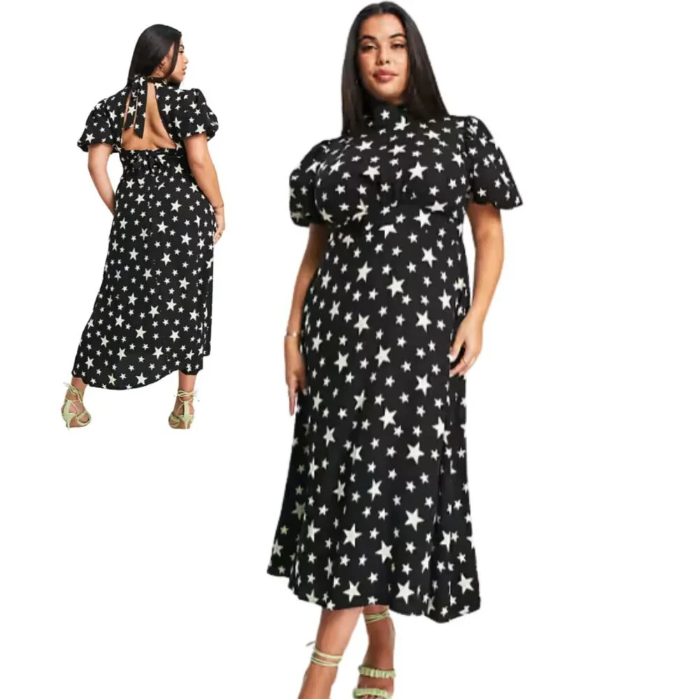 ASOS John Zack puff sleeve midi dress with open back bow in black star print - Picture 1 of 4